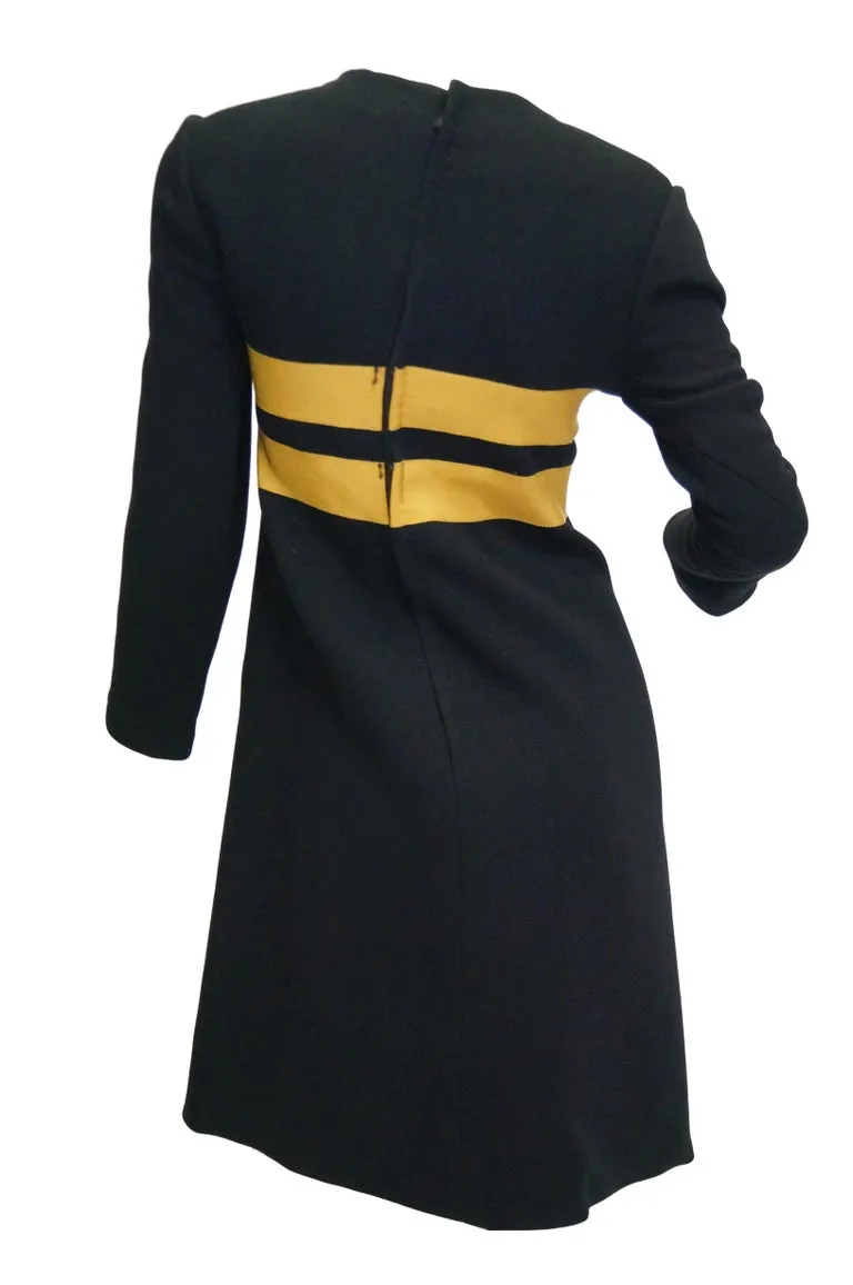 1960s Jeanne Lanvin Designed Black Wool Mod Dress with Yellow Grosgrain Buckles