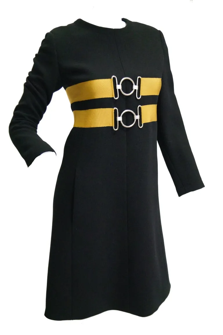 1960s Jeanne Lanvin Designed Black Wool Mod Dress with Yellow Grosgrain Buckles