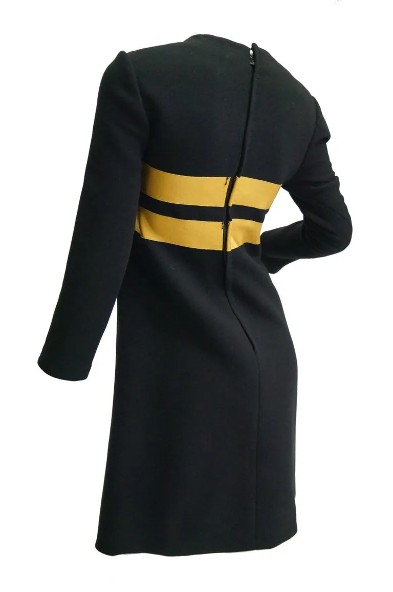 1960s Jeanne Lanvin Designed Black Wool Mod Dress with Yellow Grosgrain Buckles