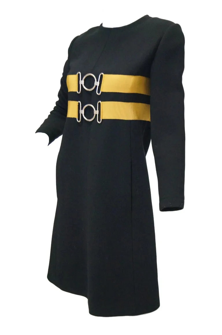 1960s Jeanne Lanvin Designed Black Wool Mod Dress with Yellow Grosgrain Buckles