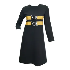 1960s Jeanne Lanvin Designed Black Wool Mod Dress with Yellow Grosgrain Buckles