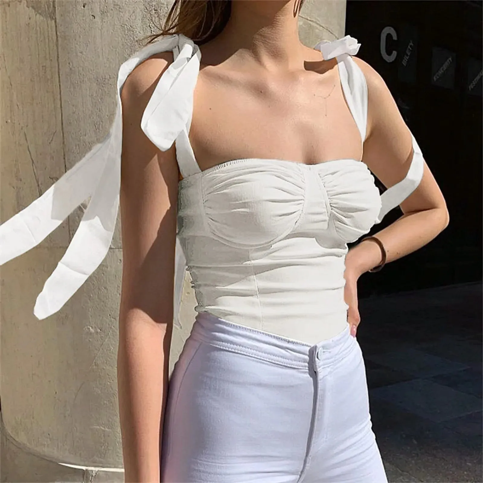 2024 Summer Sweet Sleeveless Tie Shoulder Strap Streetwear Cami Top