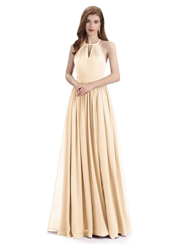 A-line Halter Simple Floor-Length Bridesmaid Dresses