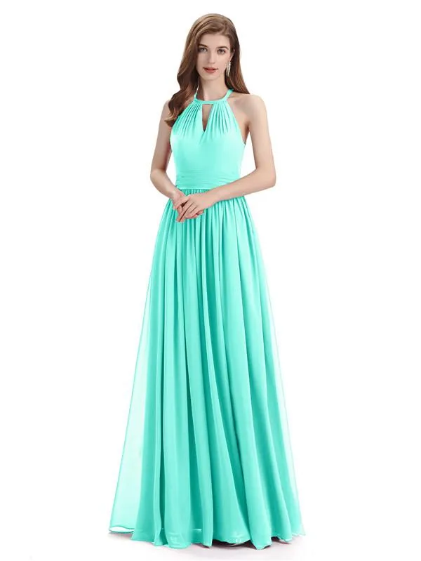 A-line Halter Simple Floor-Length Bridesmaid Dresses