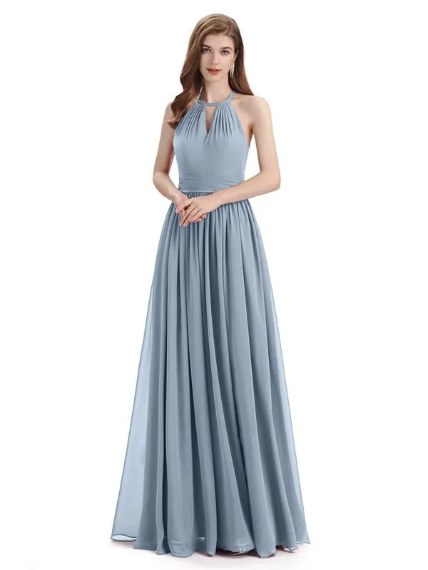 A-line Halter Simple Floor-Length Bridesmaid Dresses