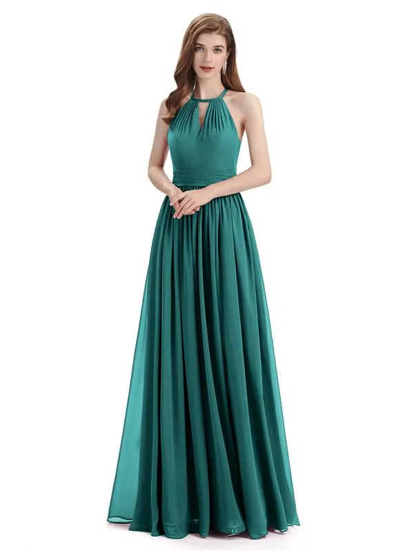 A-line Halter Simple Floor-Length Bridesmaid Dresses