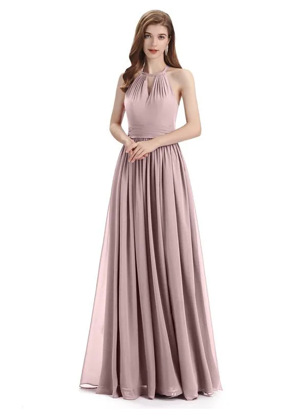 A-line Halter Simple Floor-Length Bridesmaid Dresses