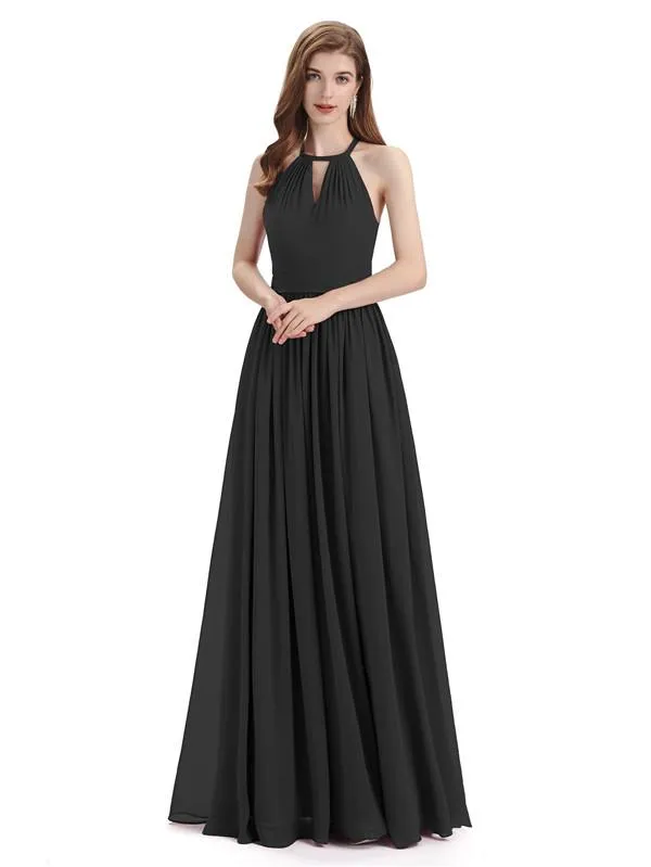 A-line Halter Simple Floor-Length Bridesmaid Dresses