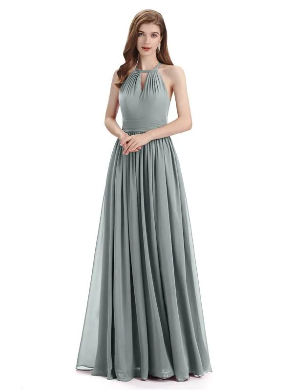 A-line Halter Simple Floor-Length Bridesmaid Dresses