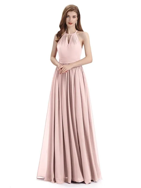 A-line Halter Simple Floor-Length Bridesmaid Dresses