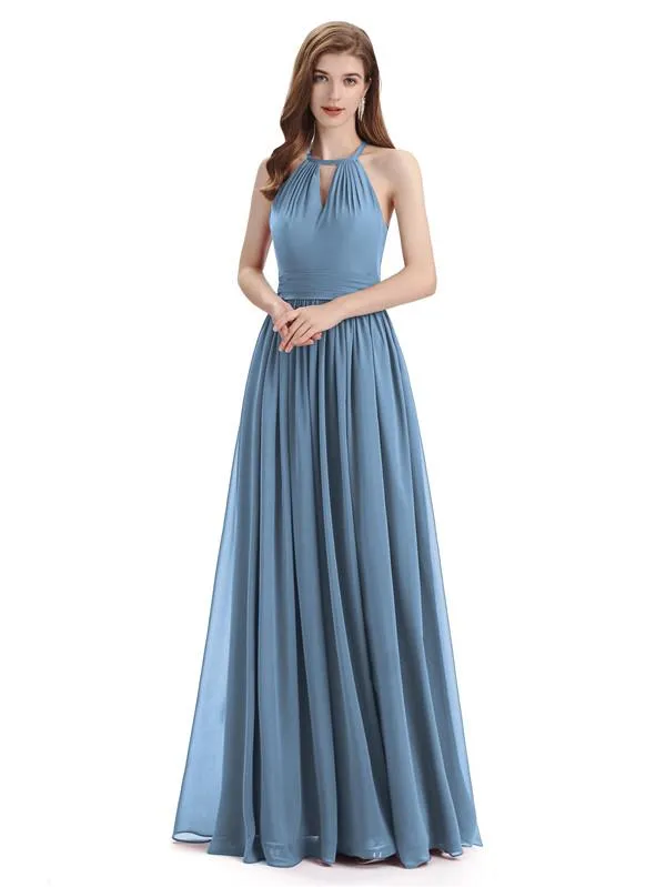 A-line Halter Simple Floor-Length Bridesmaid Dresses