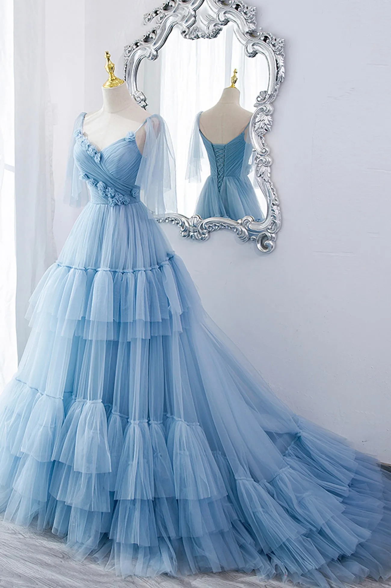 A-Line Tulle Long Prom Dresses, V-Neck Spaghetti Strap Long Princess Dresses