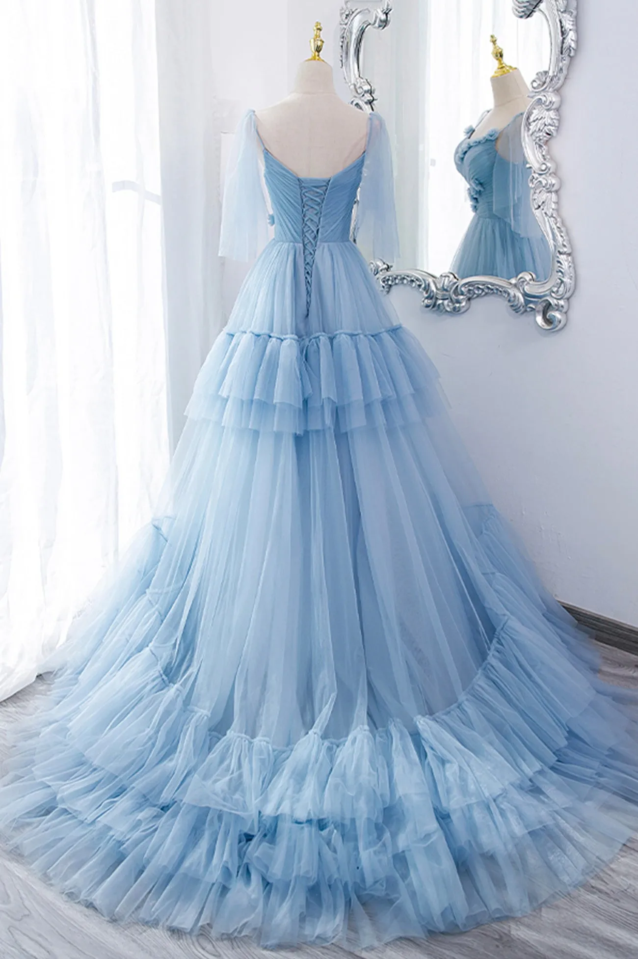 A-Line Tulle Long Prom Dresses, V-Neck Spaghetti Strap Long Princess Dresses