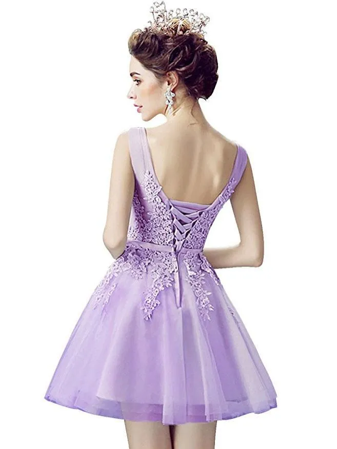 A-line V-Neck Mini Tulle Appliqued Homecoming Dresses 2775