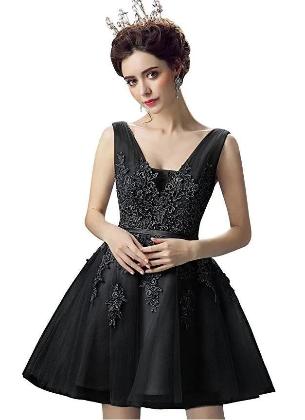 A-line V-Neck Mini Tulle Appliqued Homecoming Dresses 2775