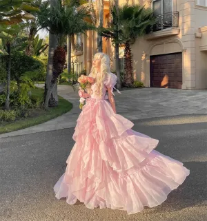 Aiertu Pink Princess Prom Dress Ruffle Layered Evening Dresses Formal Occasions Graduation Gown Sweet Birthday Party Dresses