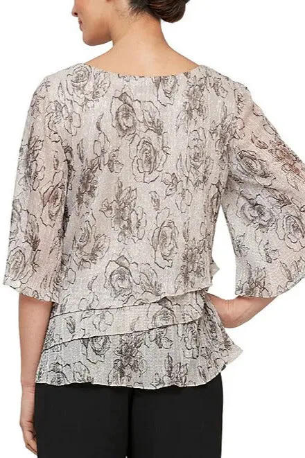 Alex Evenings 3/4 Sleeve Crew Neck Asymmetrical Tiered Hem Printed Blouse (Plus Size)