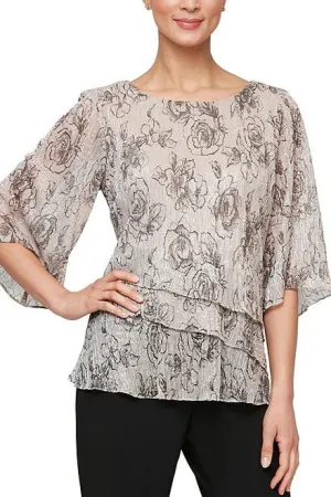 Alex Evenings 3/4 Sleeve Crew Neck Asymmetrical Tiered Hem Printed Blouse (Plus Size)