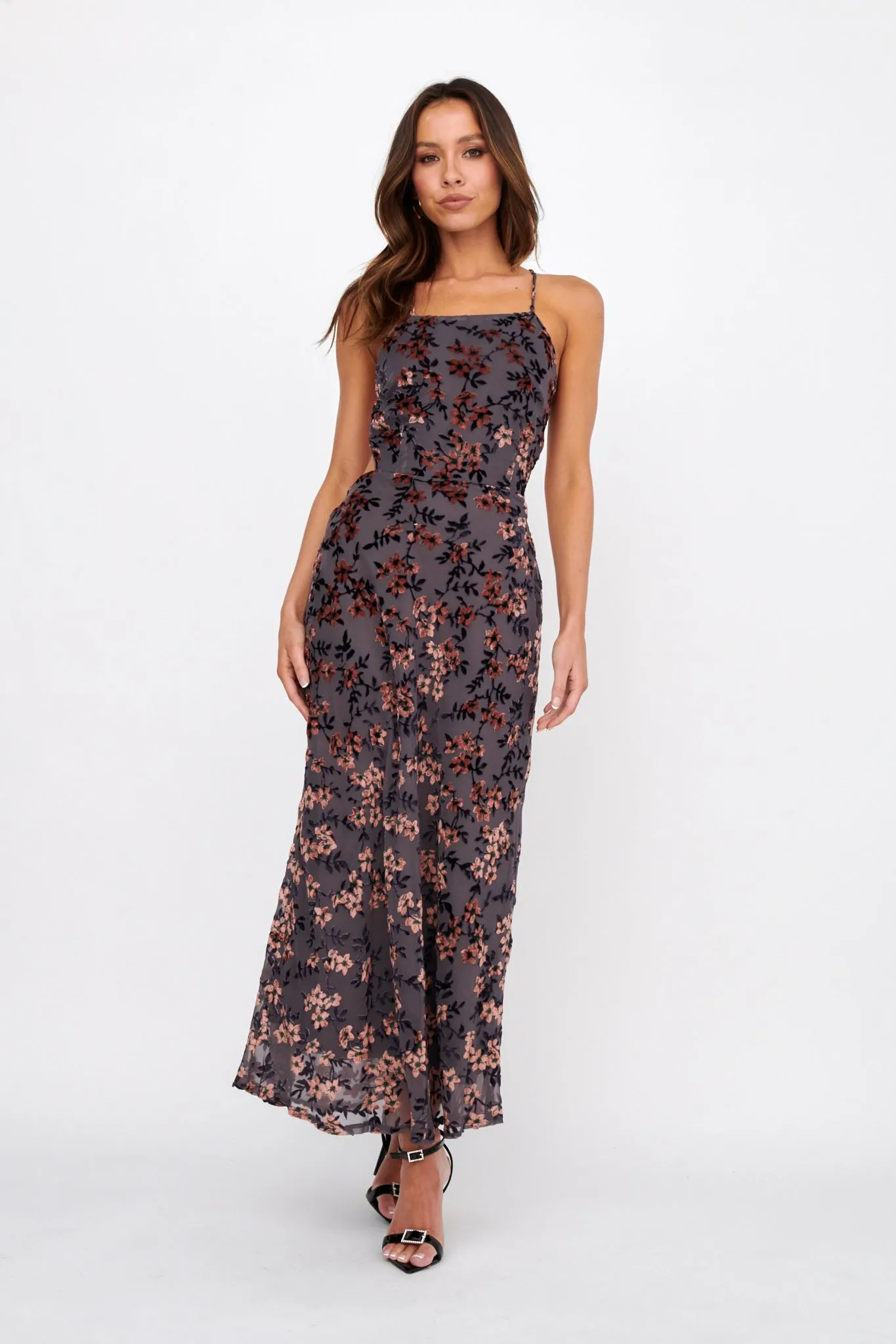 Alexandria Open Back Velour Floral Midi Dress Black/Orange