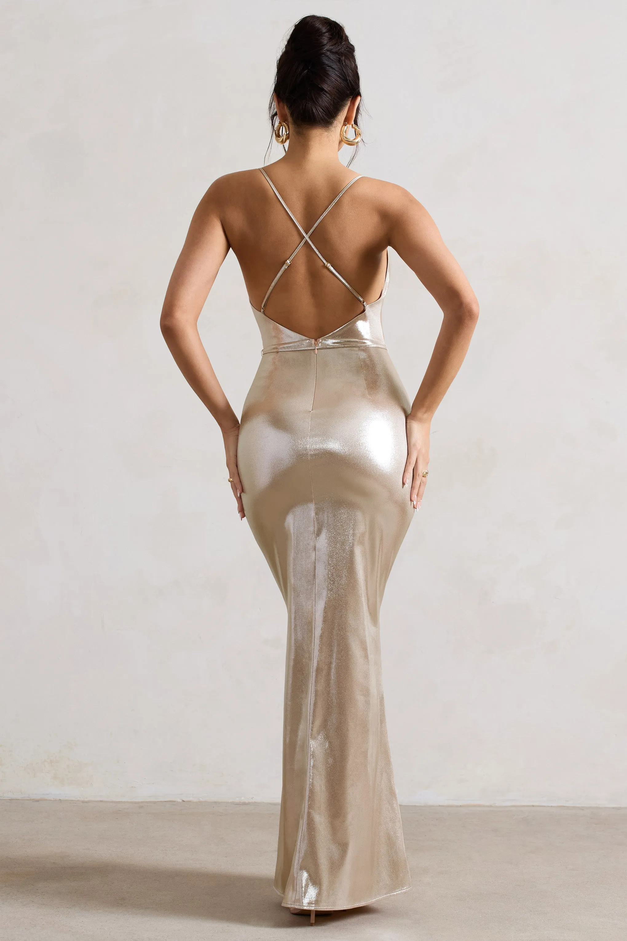 All In Time | Champagne Metallic Cowl-Neck Maxi Dress With Cross Back Detail