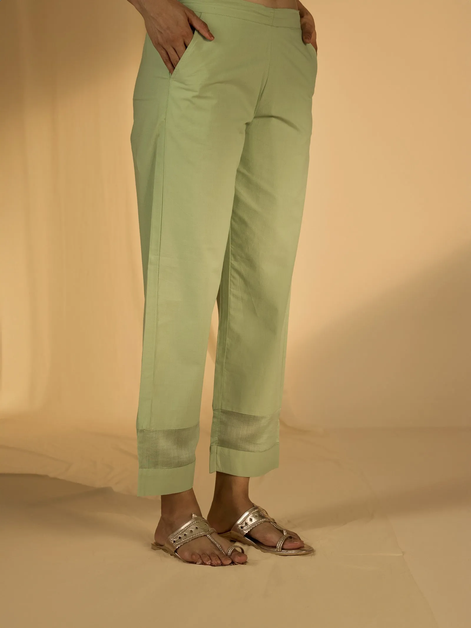 Big Flower Green Cotton Straight Pant