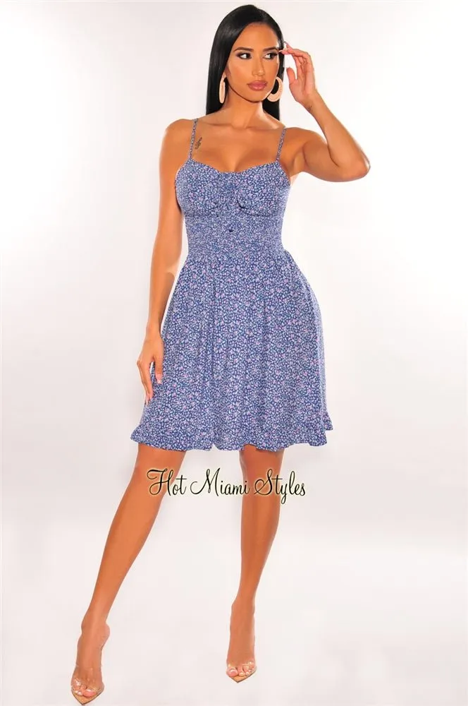 Blue Floral Print Spaghetti Straps Smocked Ruffle Dress