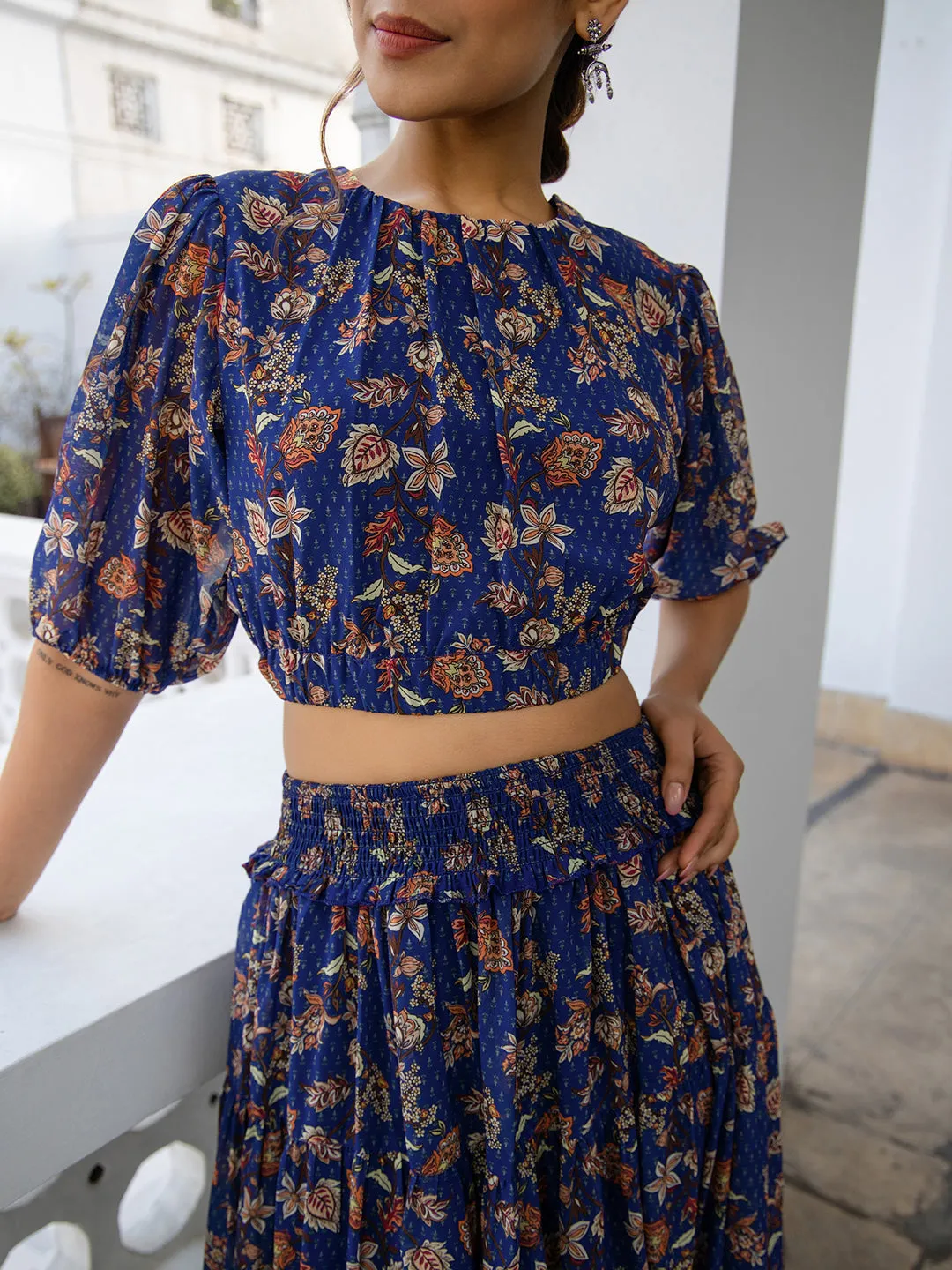 Blue Georgette Floral Co-ord Set