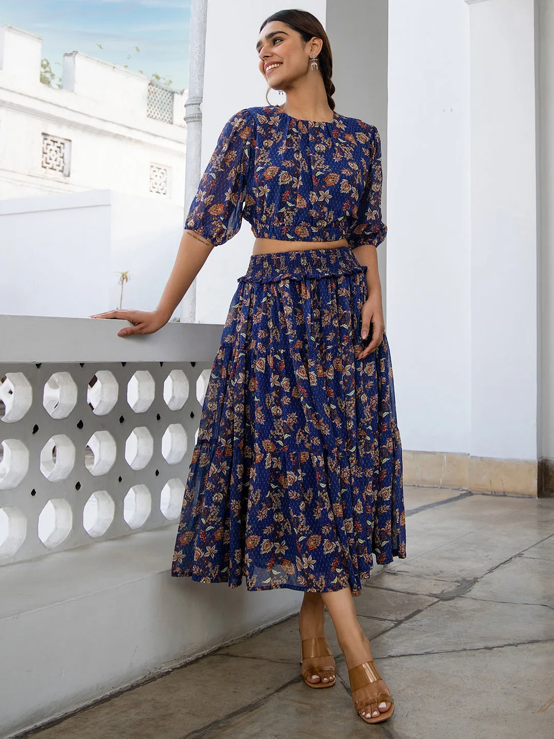 Blue Georgette Floral Co-ord Set