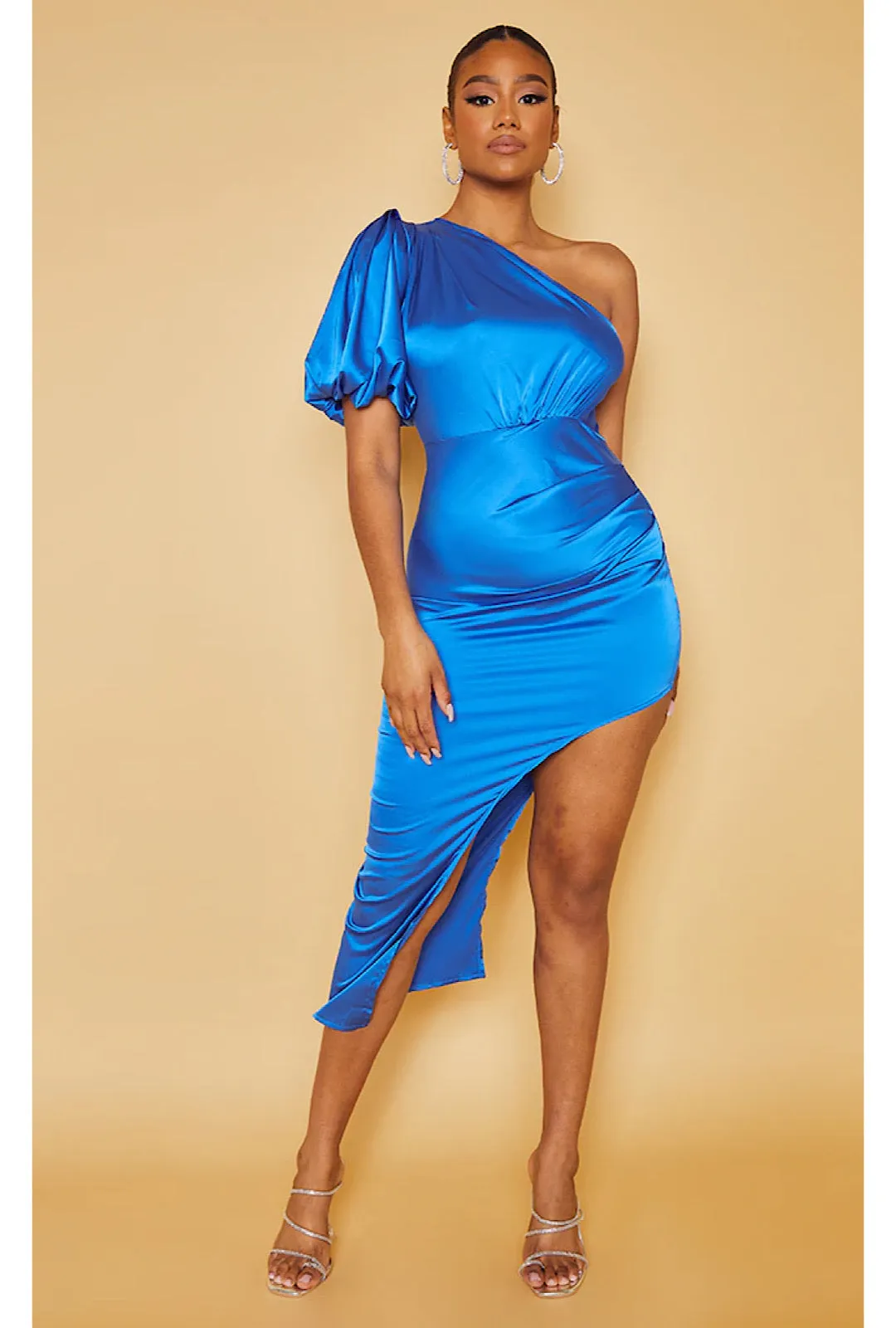 Blue Satin One Shoulder Detail Asymmetric Hem Midi Dress