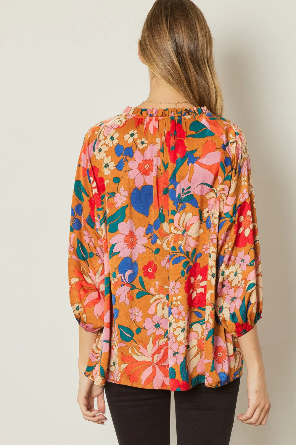 Bold Floral Print Top, Camel