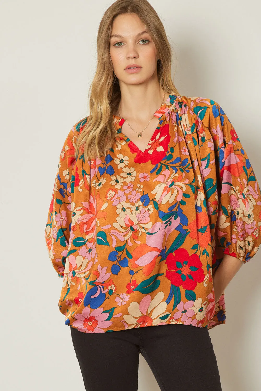 Bold Floral Print Top, Camel