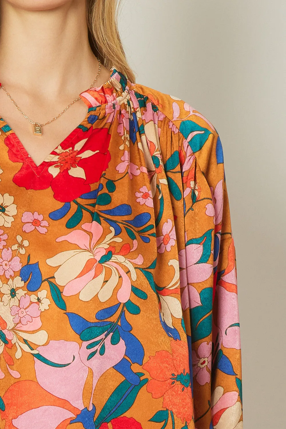 Bold Floral Print Top, Camel