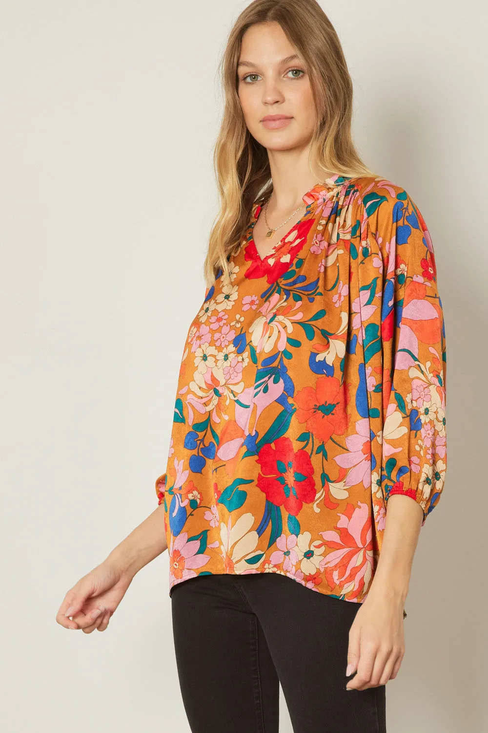 Bold Floral Print Top, Camel