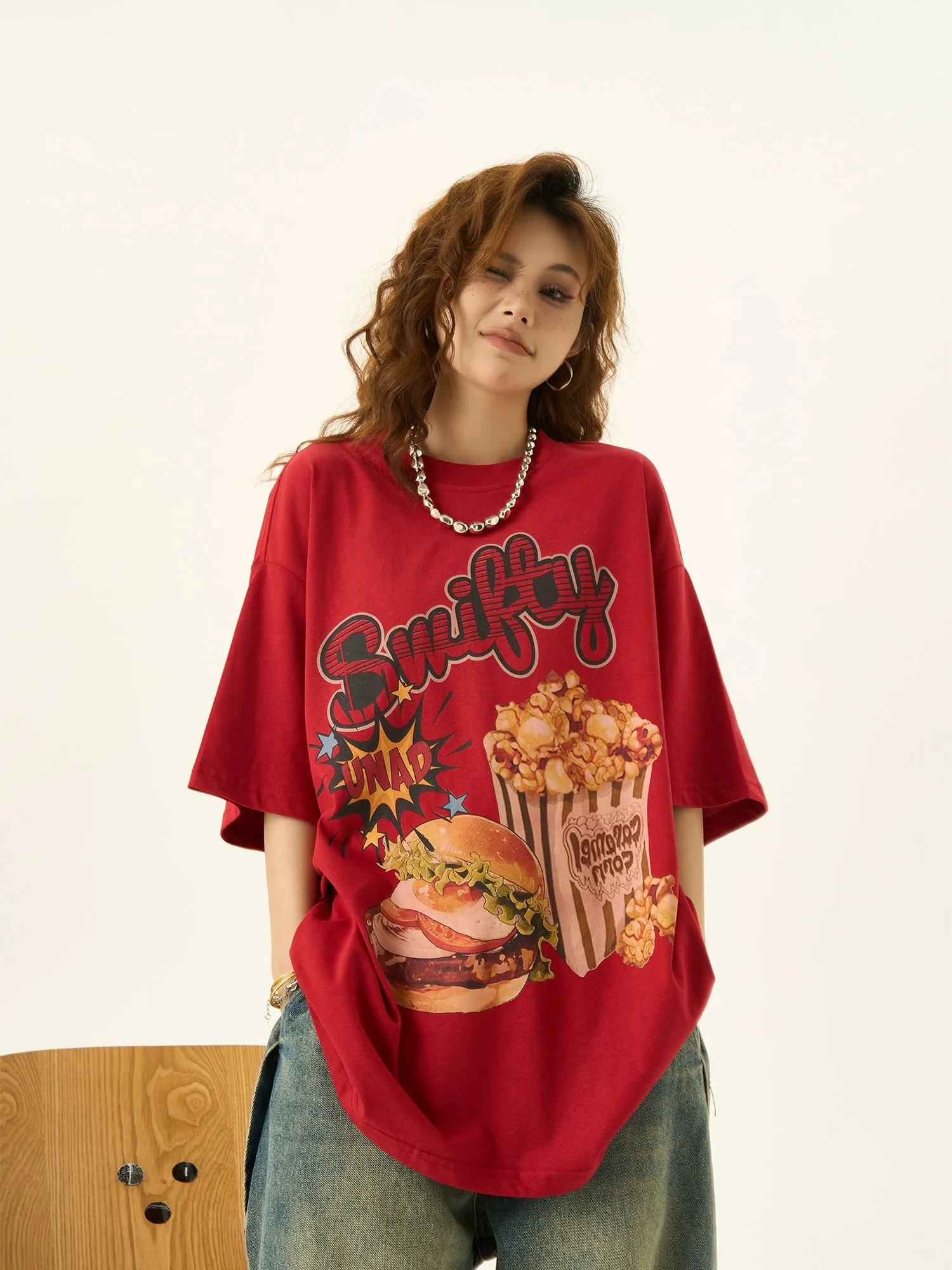 Burger Print Short Sleeve T-Shirt Women's Retro Loose Top