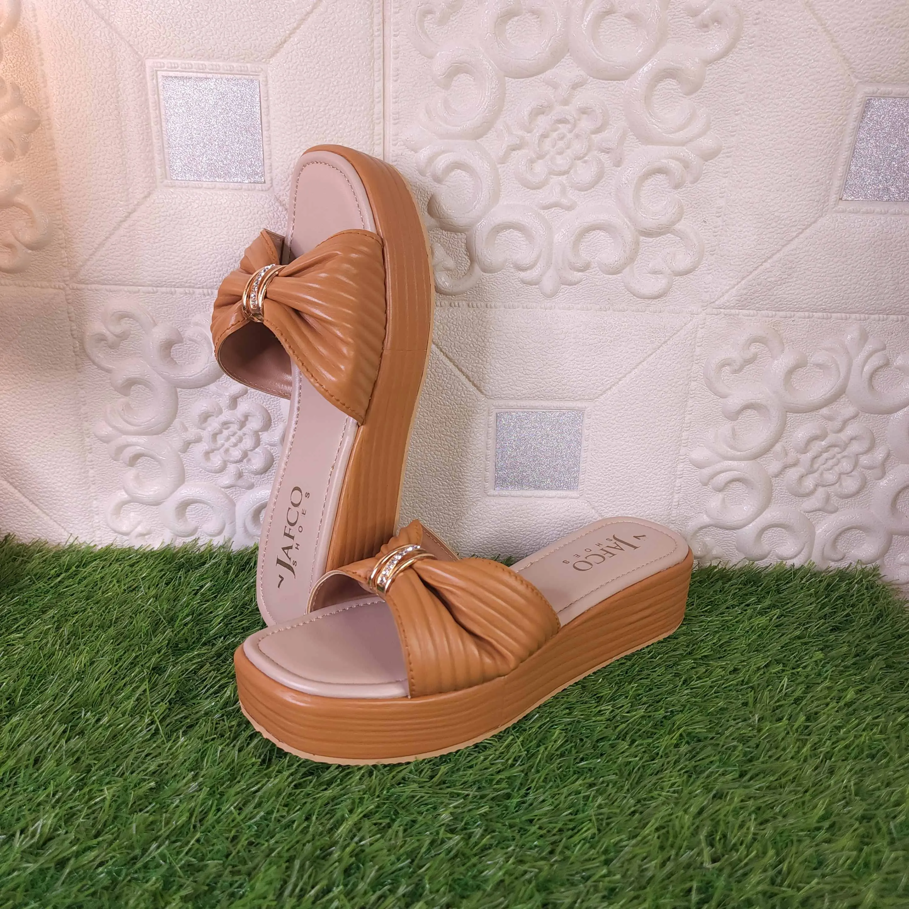 Camel Buckle Platform Wedge Slippers