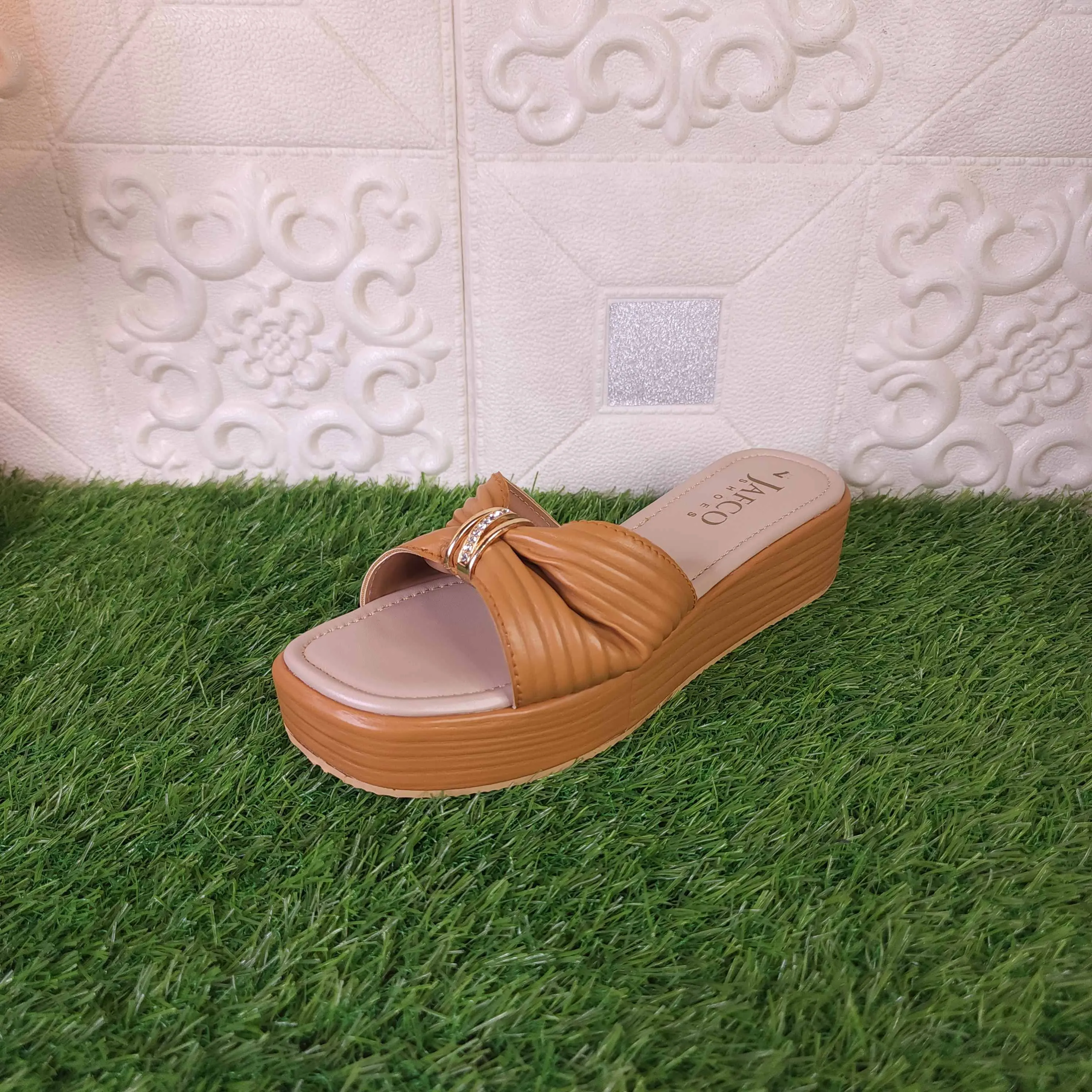 Camel Buckle Platform Wedge Slippers