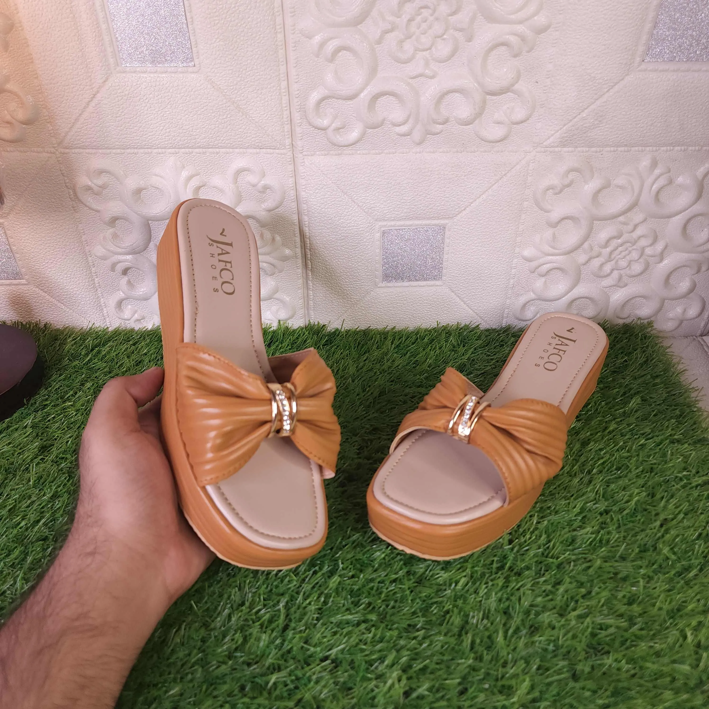 Camel Buckle Platform Wedge Slippers