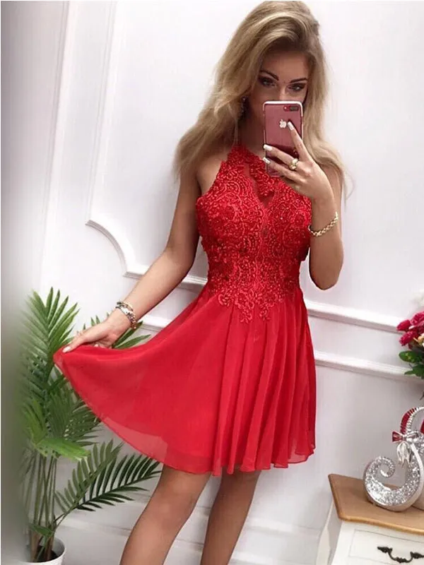 Charming Red Chiffon Top Lace Appliqued A-line Cheap Short Homecoming Dresses, HDS0040