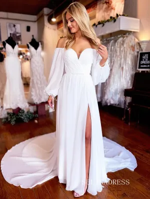 Cheap Simple Chiffon Wedding Dresses With Puff Long Sleeve Bridal Dress EWR402