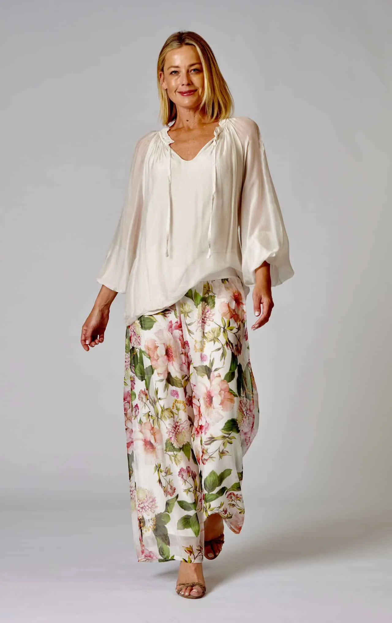 Chiffon Pants - Ivory/Pink Hydrangea