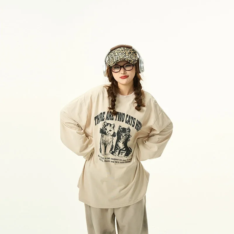 Distressed Cat Print Long Sleeve T-Shirt Loose Retro Washed Base Shirt