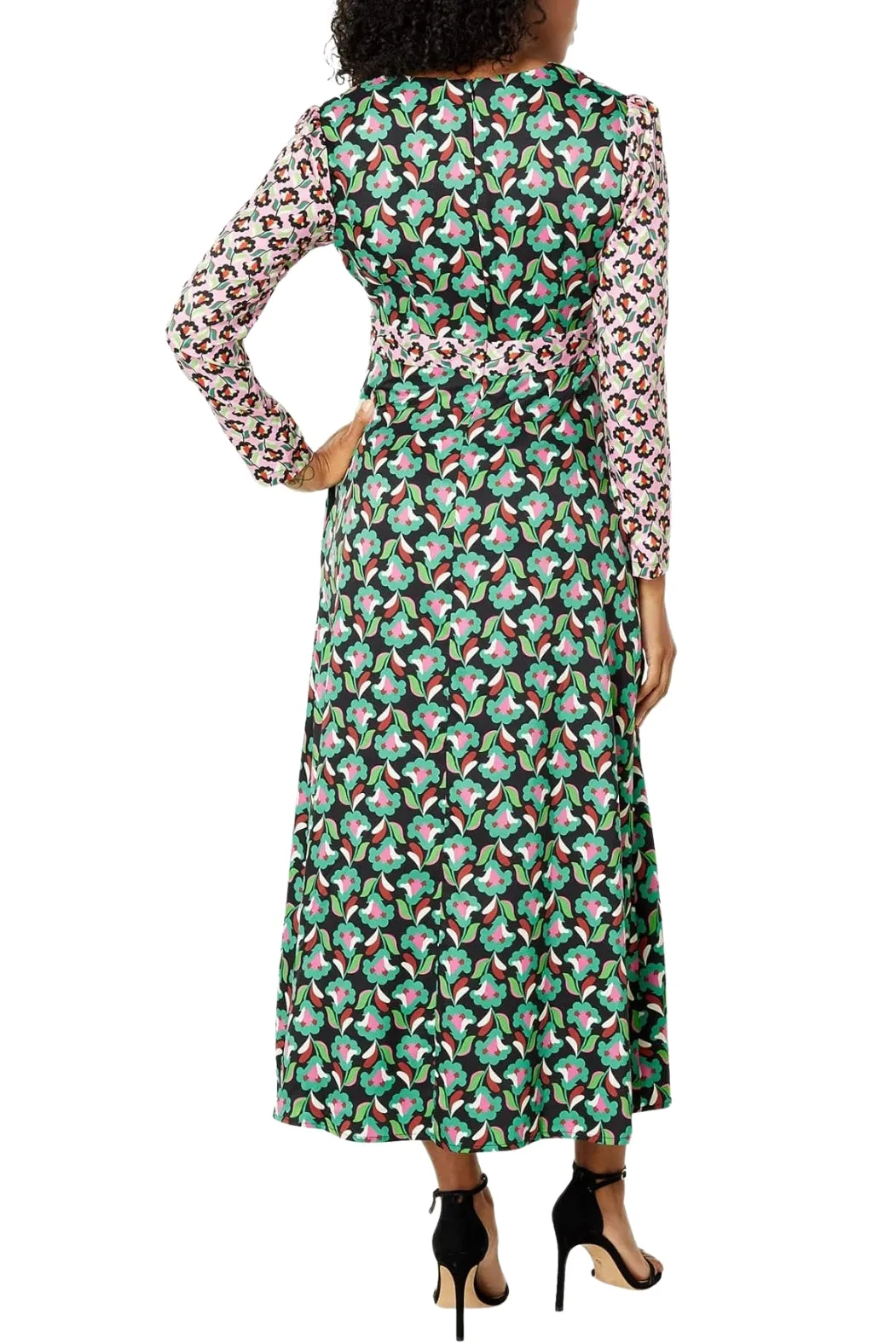 Donna Morgan Long Sleeve V-Neck Contrast Print Empire Seam Midi Dress