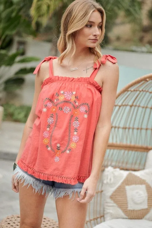 Embroidered Sleeveless Ruffle Tank Top *Online Only*