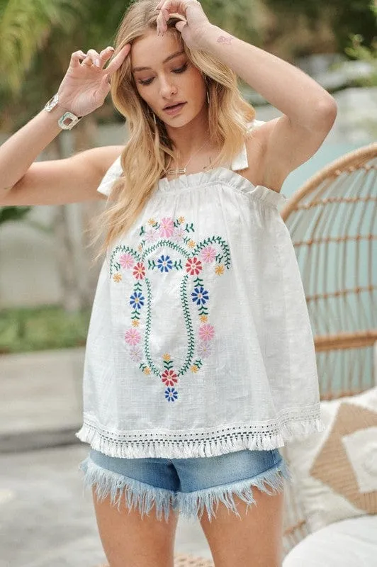 Embroidered Sleeveless Ruffle Tank Top *Online Only*