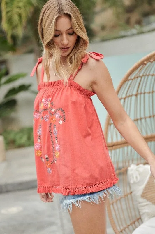 Embroidered Sleeveless Ruffle Tank Top *Online Only*