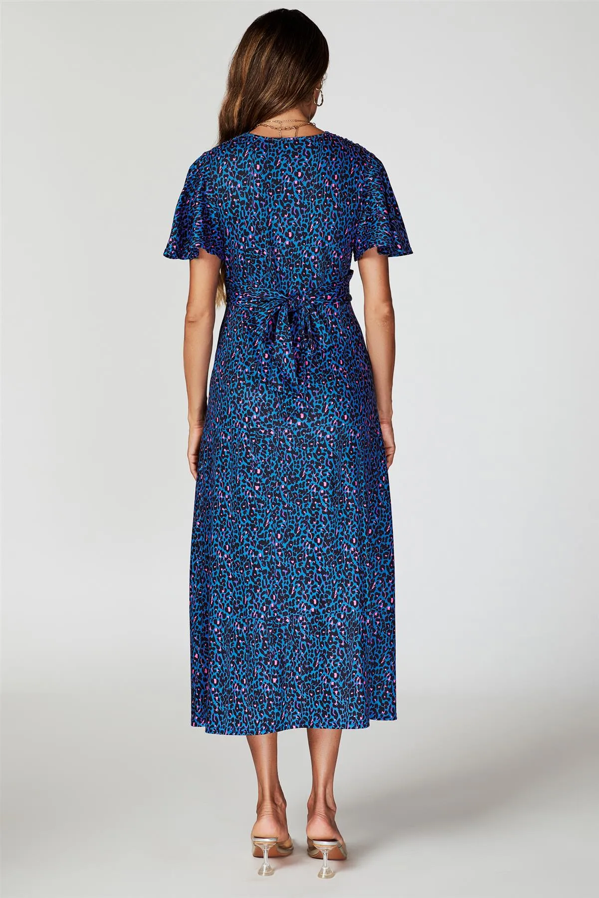 FS Collection Animal Print Angel Sleeve Twist Maxi Dress In Blue