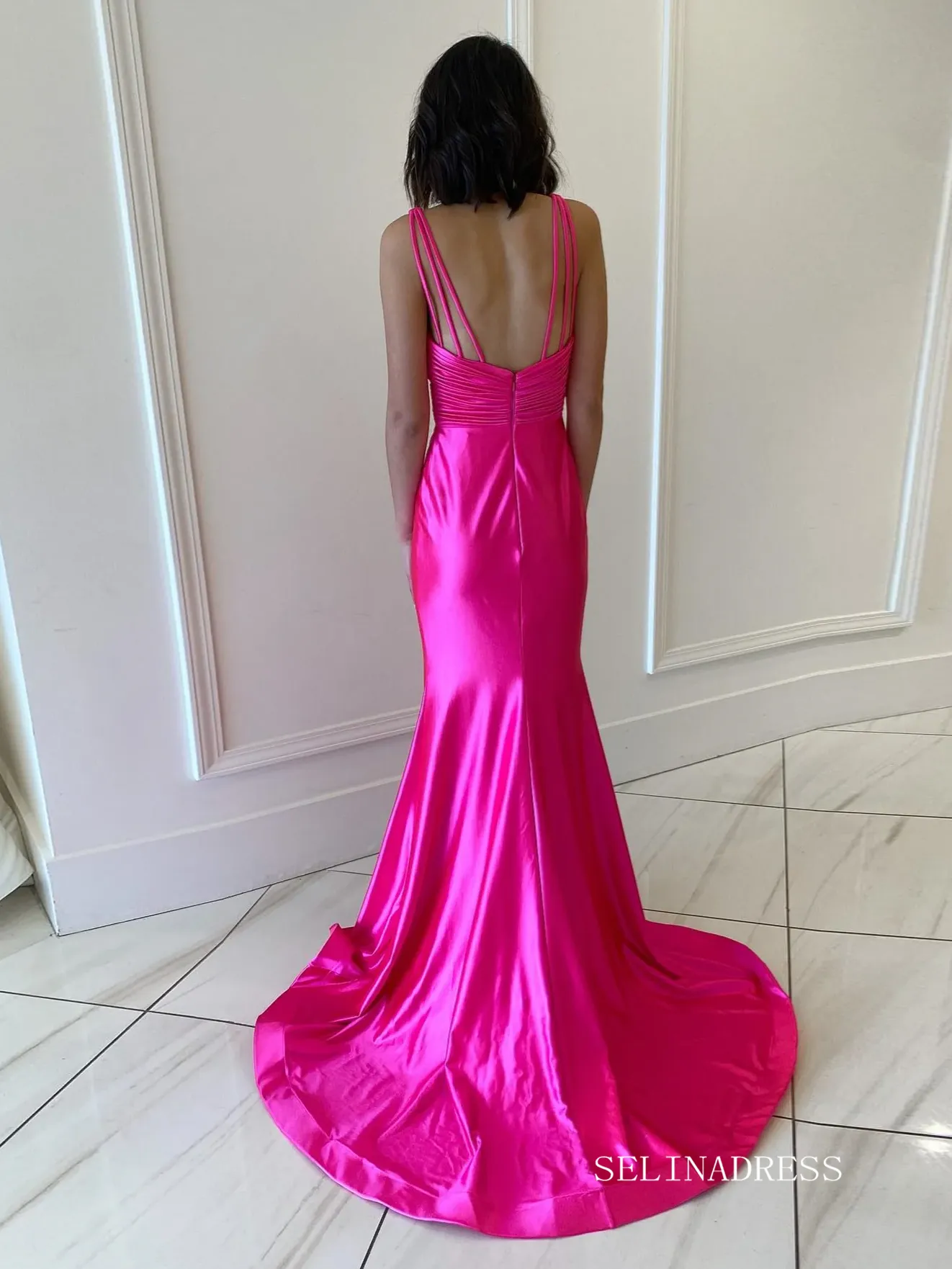 Fuchsia Mermaid Plunging V Neck Satin Mermaid Long Prom Dress lpk564