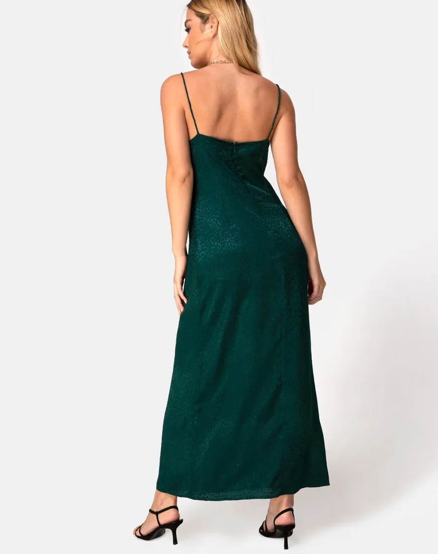 Gaela Slip Dress in Satin Cheetah Forest Green