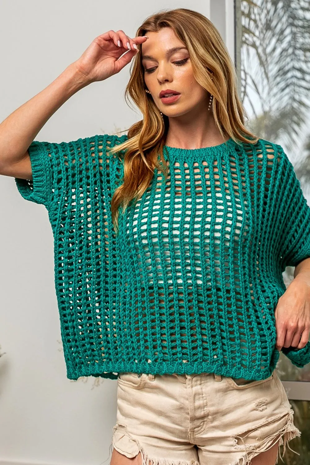 Hollowed Out Short Sleeve Knit Cover Up