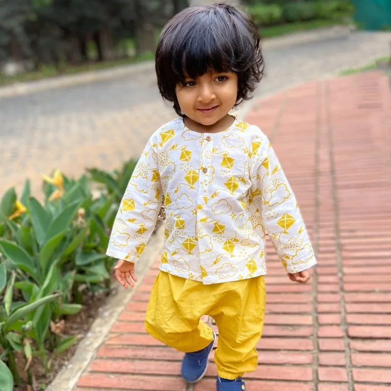 Kids Unisex Organic Cotton Patang Kurta with Yellow Pants